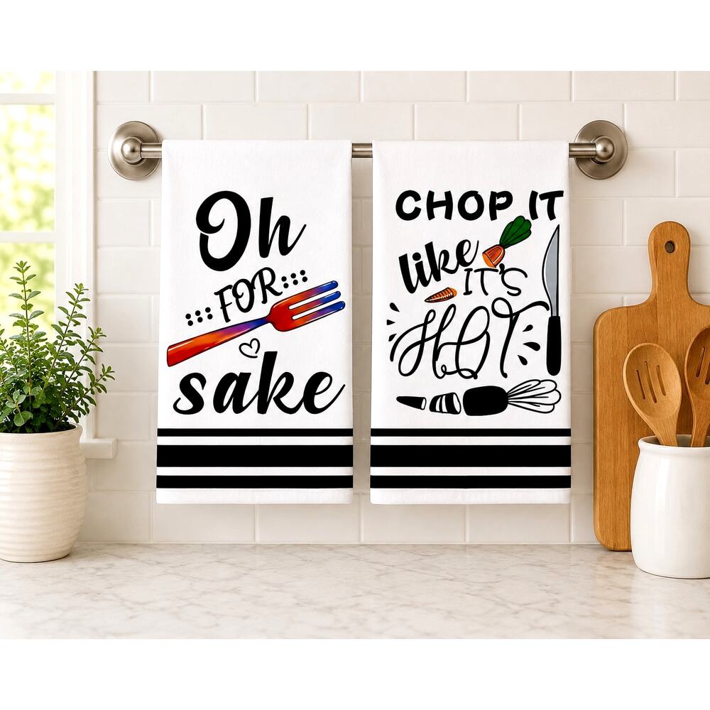 Hand Towels, 2pc, Funny Kitchen Retro Boho Dish Towels, 16" x 24"